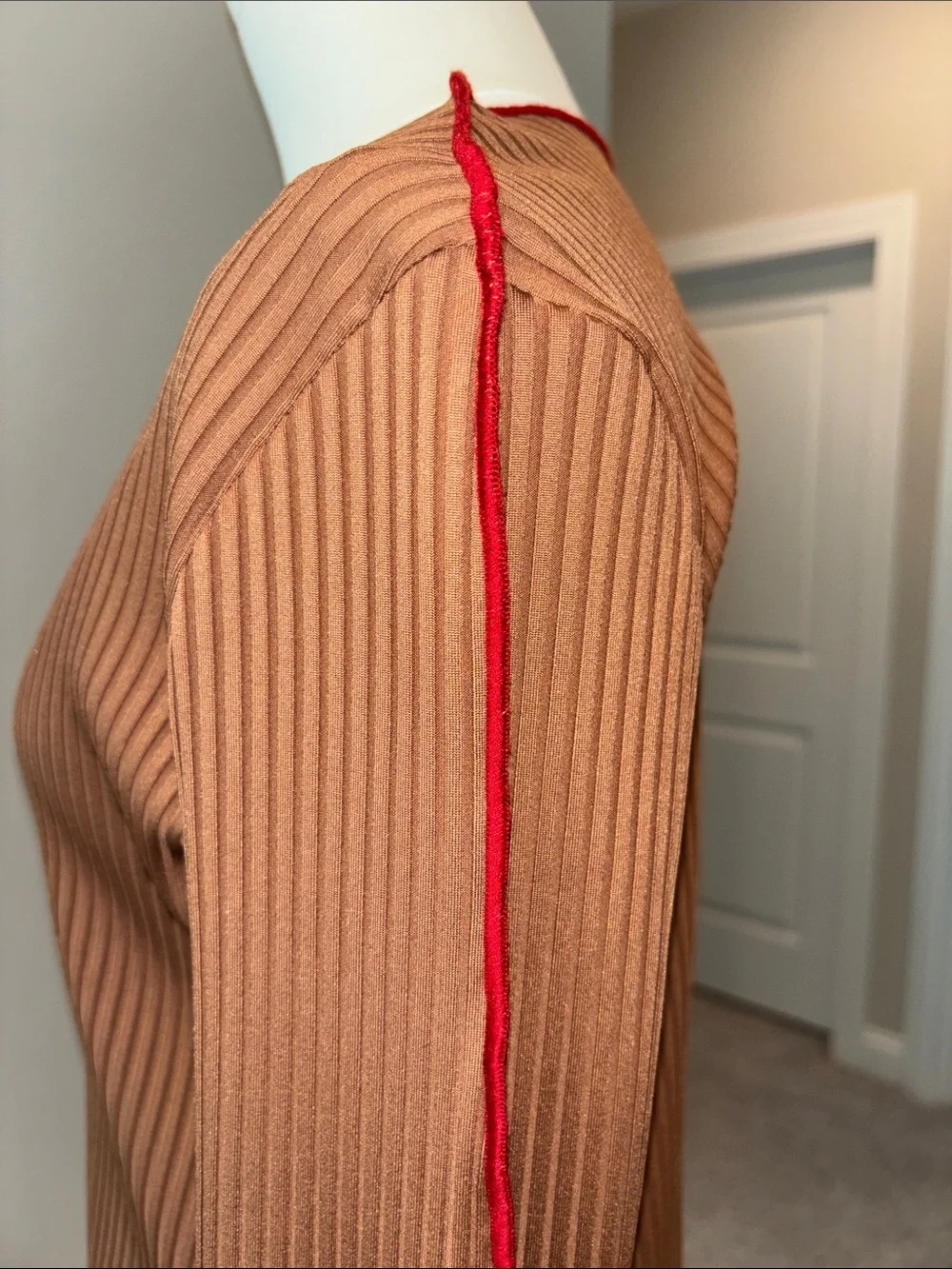 Zara Brown Ribbed Knit Pant Set with Burgundy Contrast Trim